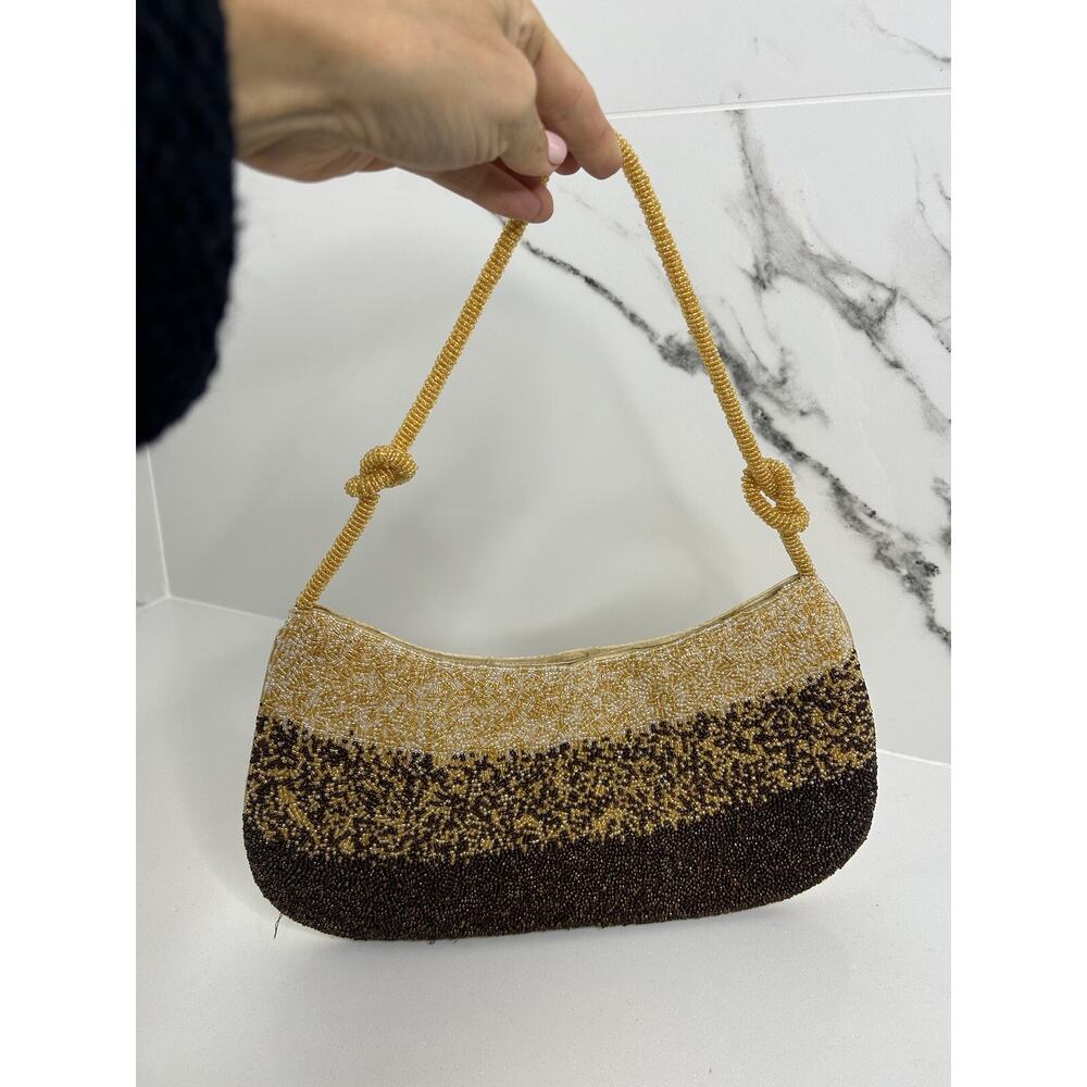 VTG Far Nine Beige Brown beaded Purse Clutch Neutral Handmade Y2K Going Out